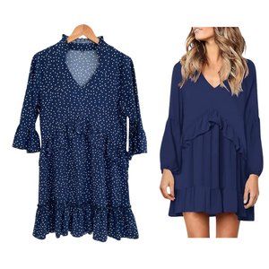 Ruffled Dress Women Medium Polka Dot Navy Blue White V-Neck Tiered Mitilly